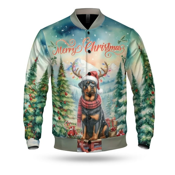 Merry Christmas Santa Reindeer Antlers Rottweiler Sleigh Xmas Winter Holiday All Over Print 3D Baseball Jacket Rottie Dog Lover Gifts Idea Bomber Jacket Softball - 00023
