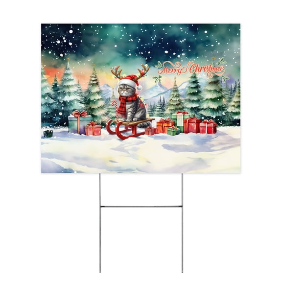 Merry Christmas Santa Reindeer Antlers Scottish Fold Sleigh Xmas Winter Holiday Yard Sign Cat Lover Kitten Owner Gifts Outdoor Home Lawn Garden Porch Decor - 00023