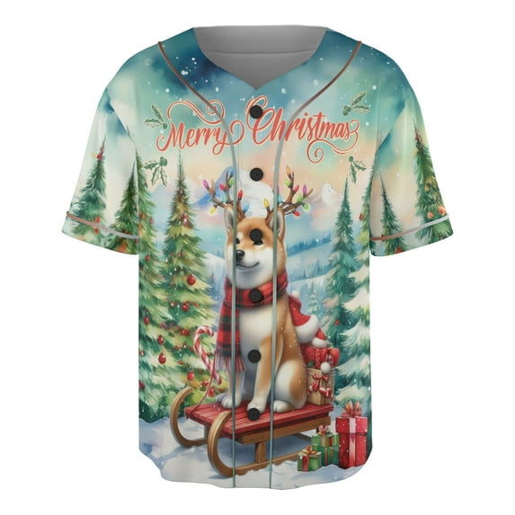 Merry Christmas Santa Reindeer Antlers Shiba Inu Sleigh Xmas Winter Holiday All Over Print 3D Baseball Shirt Shibas Dog Lovers Gifts Idea Softball Sport - 00023