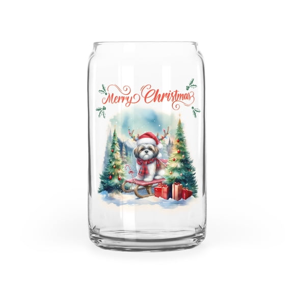 Merry Christmas Santa Reindeer Antlers Shih Tzu Sleigh Xmas Winter Holiday 16oz Glass Cup Mug Lion Dog Lover Gifts Glass Can - 00023