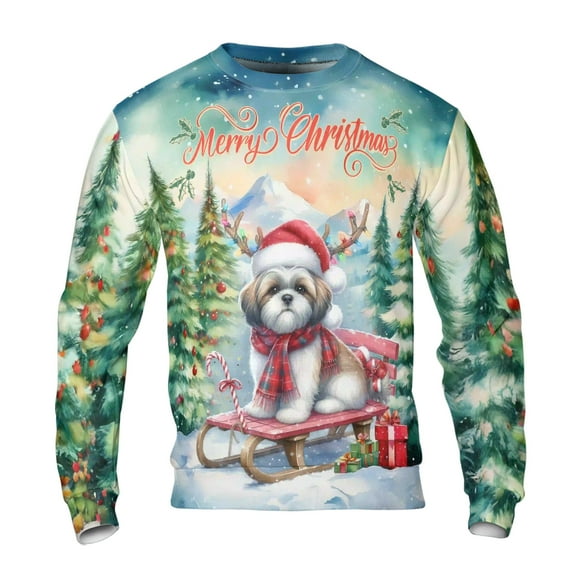 Merry Christmas Santa Reindeer Antlers Shih Tzu Sleigh Xmas Winter Holiday All Over Print 3D Sweatshirt Unisex Merch Lion Dog Lover Gifts - 00023