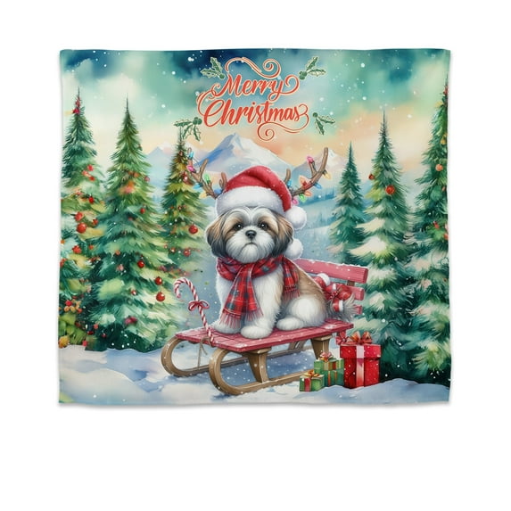 Merry Christmas Santa Reindeer Antlers Shih Tzu Sleigh Xmas Winter Holiday Tapestry Lion Dog Lover Gifts Wall Hanging Backdrop Home Decor - 00023