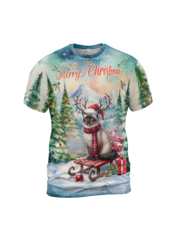 Merry Christmas Santa Reindeer Antlers Siamese Sleigh Xmas Winter Holiday All Over Print 3D Shirt Unisex Merch Cat Lover Kitten Owner Gifts - 00023