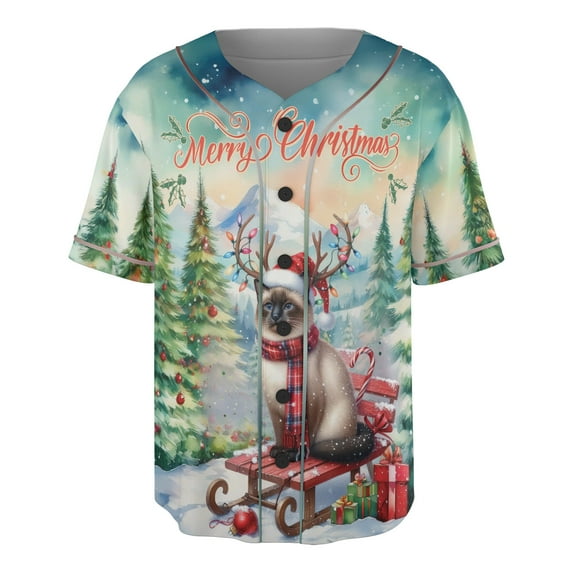 Merry Christmas Santa Reindeer Antlers Siamese Sleigh Xmas Winter Holiday All Over Print 3D Baseball Shirt Cat Lover Kitten Owner Gifts Softball Sport - 00023