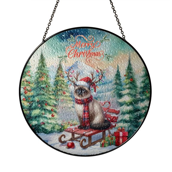 Merry Christmas Santa Reindeer Antlers Siamese Sleigh Xmas Winter Holiday Stained Glass Suncatcher Cat Lover Kitten Owner Gifts Window Hanging Sign Decor - 00023