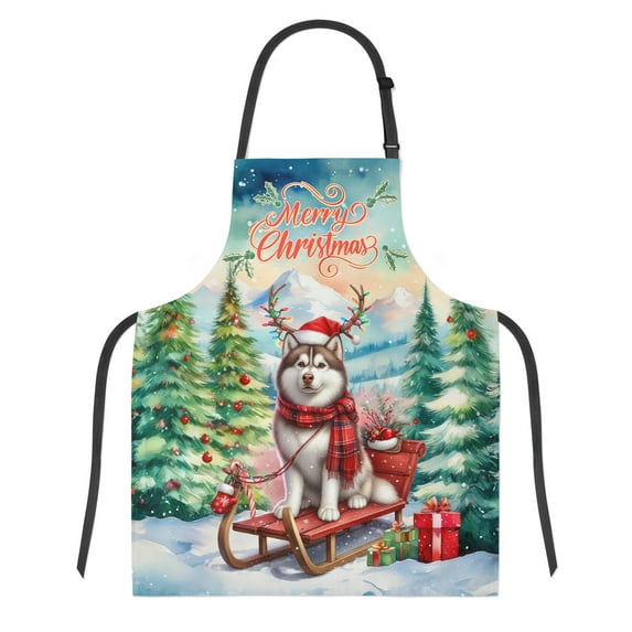 Merry Christmas Santa Reindeer Antlers Siberian Husky Sleigh Xmas Winter Holiday Apron Husky Dog Lover Gifts for Cooking Grilling Baking Painting Gardening - 00023