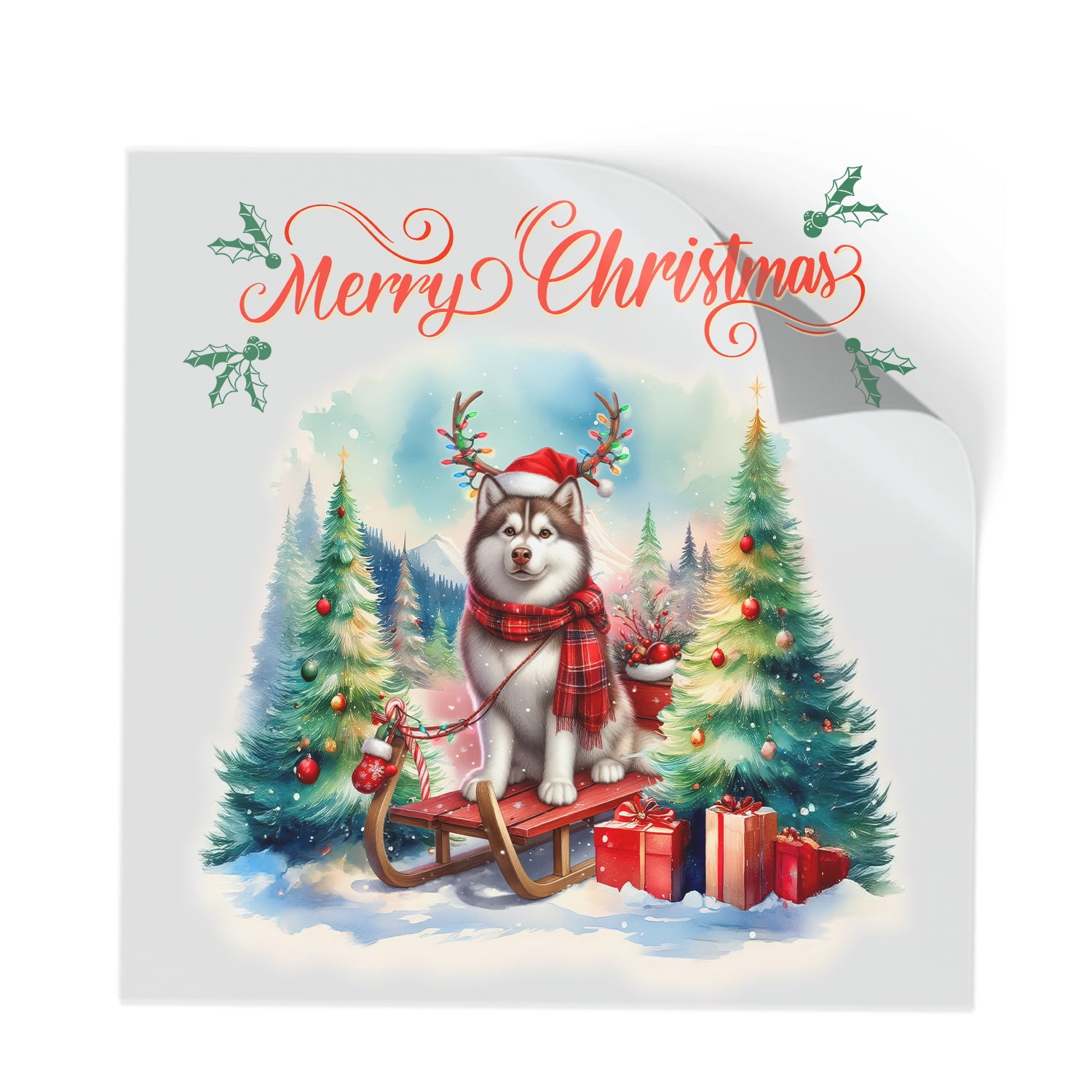 Merry Christmas Santa Reindeer Antlers Siberian Husky Sleigh Xmas ...