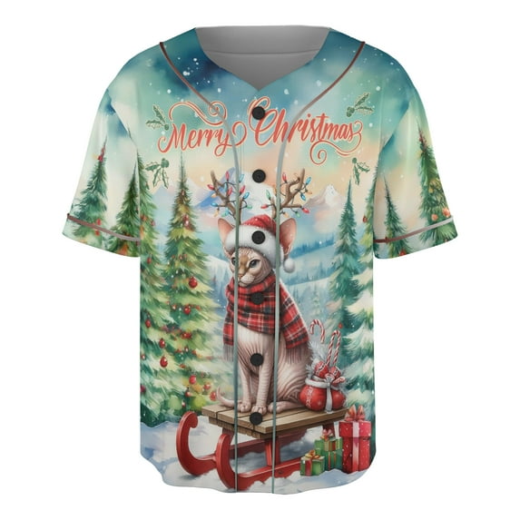 Merry Christmas Santa Reindeer Antlers Sphynx Sleigh Xmas Winter Holiday All Over Print 3D Baseball Shirt Cat Lover Kitten Owner Gifts Idea Softball Sport - 00023