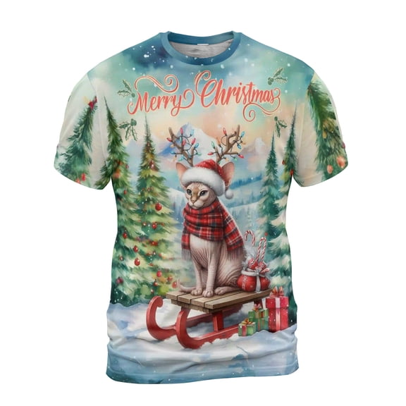 Merry Christmas Santa Reindeer Antlers Sphynx Sleigh Xmas Winter Holiday All Over Print 3D Shirt Unisex Merch Cat Lover Kitten Owner Gifts Idea - 00023