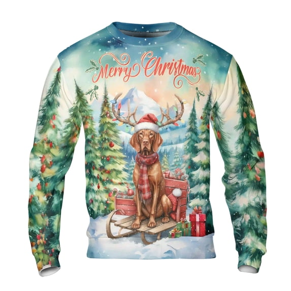 Merry Christmas Santa Reindeer Antlers Vizsla Sleigh Xmas Winter Holiday All Over Print 3D Sweatshirt Unisex Merch Vizslas Dog Lover Gifts Idea - 00023