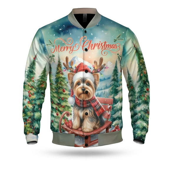 Merry Christmas Santa Reindeer Antlers Yorkshire Terrier Sleigh Xmas Winter Holiday All Over Print 3D Baseball Jacket Yorkie Dog Lover Gifts Bomber Jacket Softball - 00023