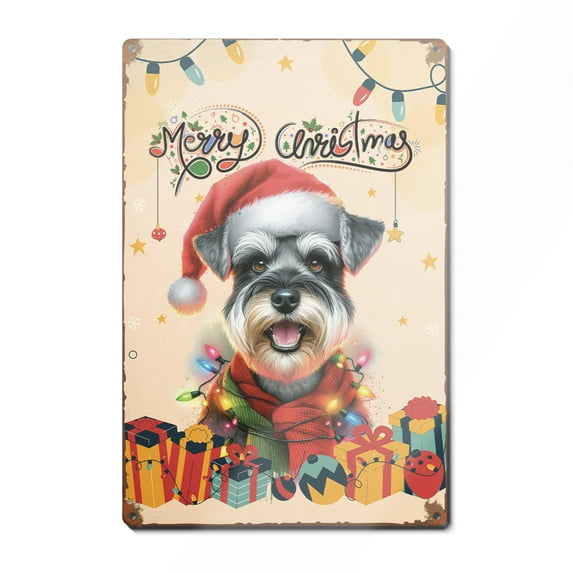 Merry Christmas Santa Schnauzer Scarf Twinkling Lights Xmas Holiday Vertical Metal Aluminum Sign Miniature Schnauzer Dog Lover Wall Art Home Decor - 00022