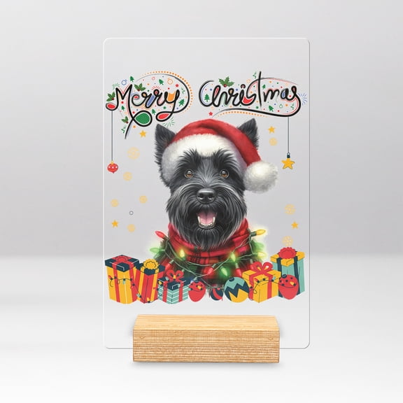 Merry Christmas Santa Scottish Terrier Scarf Twinkling Lights Xmas Holiday Acrylic Plaque Sign Ashwood Base Scottie Dog Lover Gifts Home Desk Decor - 00022