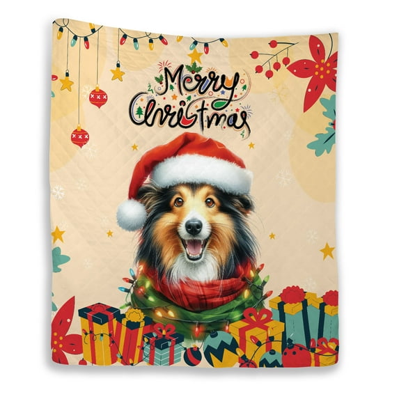 Merry Christmas Santa Shetland Sheepdog Scarf Twinkling Lights Xmas Holiday Quilt Blanket Sheltie Dog Lover Gifts Cozy Comforter Throw Blanket - 00022