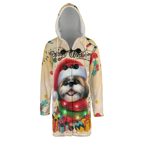 Merry Christmas Santa Shih Tzu Scarf Twinkling Lights Xmas Holiday All Over Print 3D Hooded Duffle Toggle Coat Lion Dog Lover Gifts - 00022