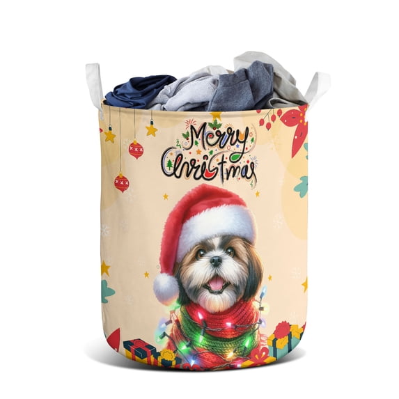 Merry Christmas Santa Shih Tzu Scarf Twinkling Lights Xmas Holiday Foldable Laundry Basket Lion Dog Lover Gifts Organizer Storage with Handles - 00022