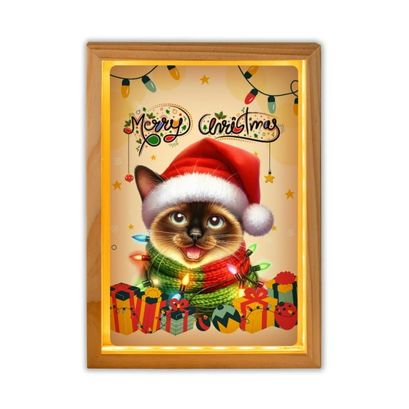 Merry Christmas Santa Siamese Scarf Twinkling Lights Xmas Holiday Acrylic Plaque with Wood Photo Frame Box Cat Lover Kitten Owner Gifts Light Box - 00022