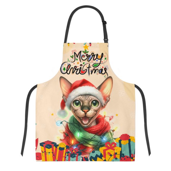 Merry Christmas Santa Sphynx Scarf Twinkling Lights Xmas Holiday Apron Cat Lover Kitten Owner Gifts Idea for Cooking Grilling Baking Painting Gardening - 00022