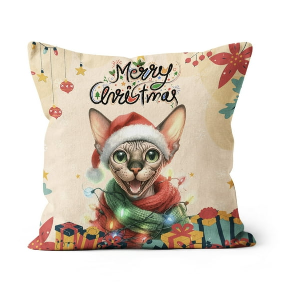 Merry Christmas Santa Sphynx Scarf Twinkling Lights Xmas Holiday Pillow Cushion Double Sided Cat Lover Kitten Owner Gifts Idea Throw Pillow - 00022