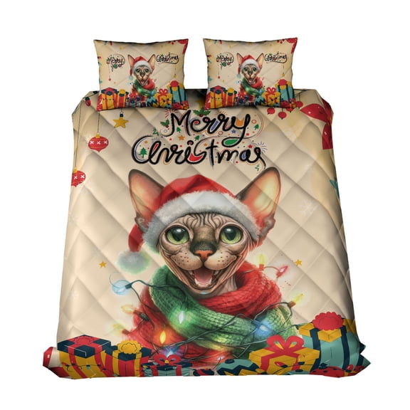 Merry Christmas Santa Sphynx Scarf Twinkling Lights Xmas Holiday Quilt Bedding Set Cat Lover Kitten Owner Gifts Idea 1 Blanket Bed Cover 2 Pillowcases - 00022