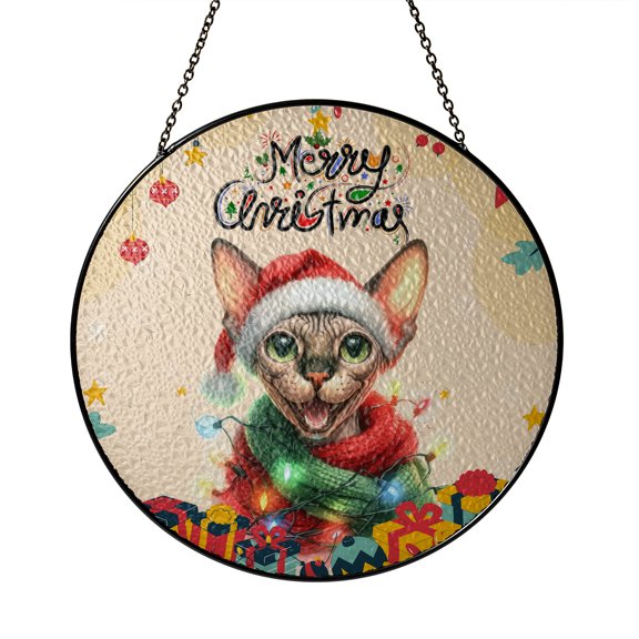 Merry Christmas Santa Sphynx Scarf Twinkling Lights Xmas Holiday Stained Glass Suncatcher Cat Lover Kitten Owner Gifts Idea Window Hanging Sign Decor - 00022