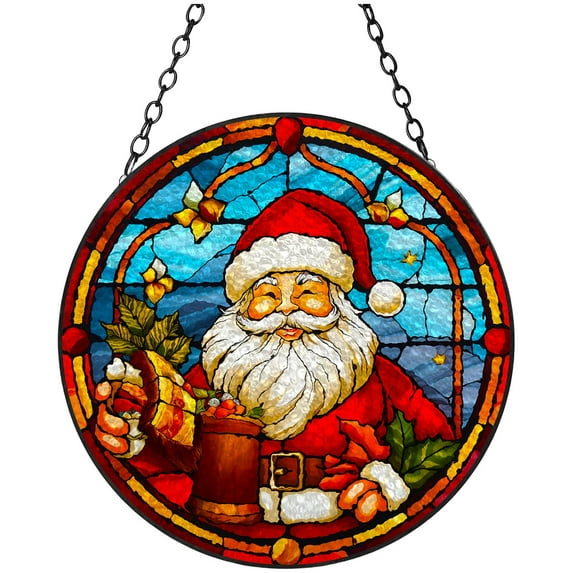 Merry Christmas Santa Stained Glass Suncatcher Handmade Window Hangings Colored Glass Suncatcher Crafts Kits for Indoor Garden Christmas Decoration 16x16cm(3)