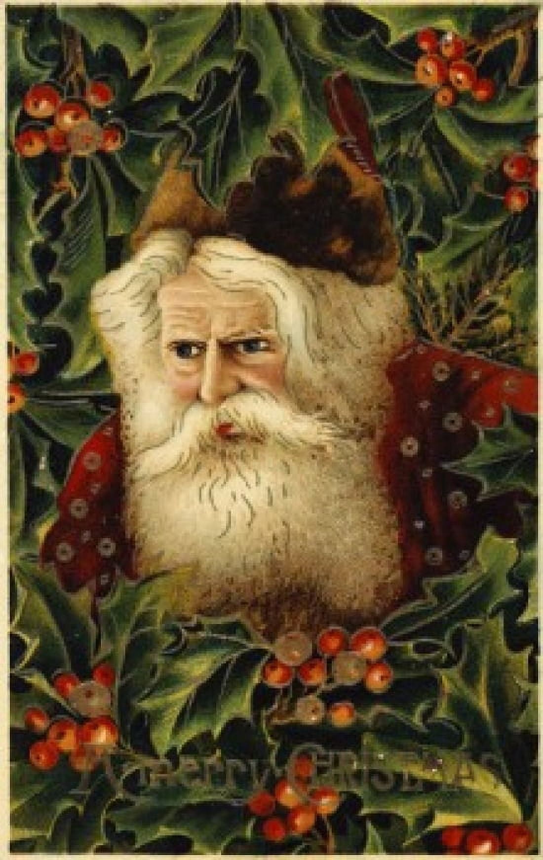 Merry Christmas Santa Surrounded By Holly Nostagia Cards Canvas Art - (24 x 36)