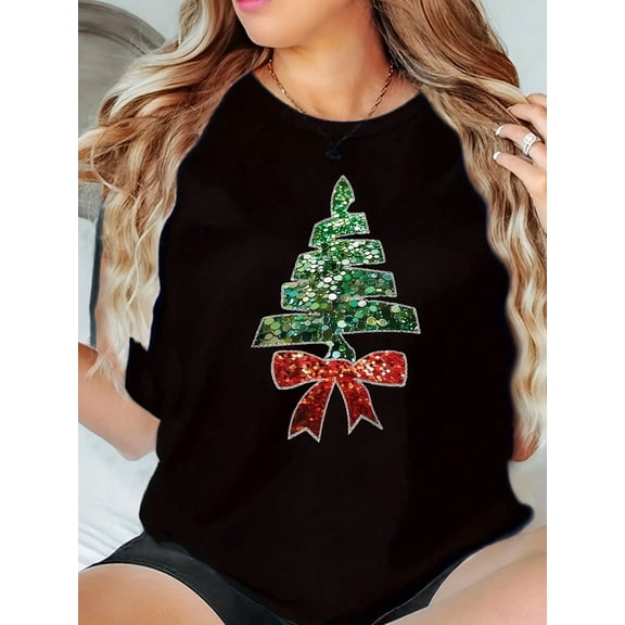 Merry Christmas Santa's Favorite Christmas Tree Pattern Women's Short-Sleeved T-Shirt, Casual Short-Sleeved Round Neck Street Style, Machine Washable Spring And Summer T-Shirt