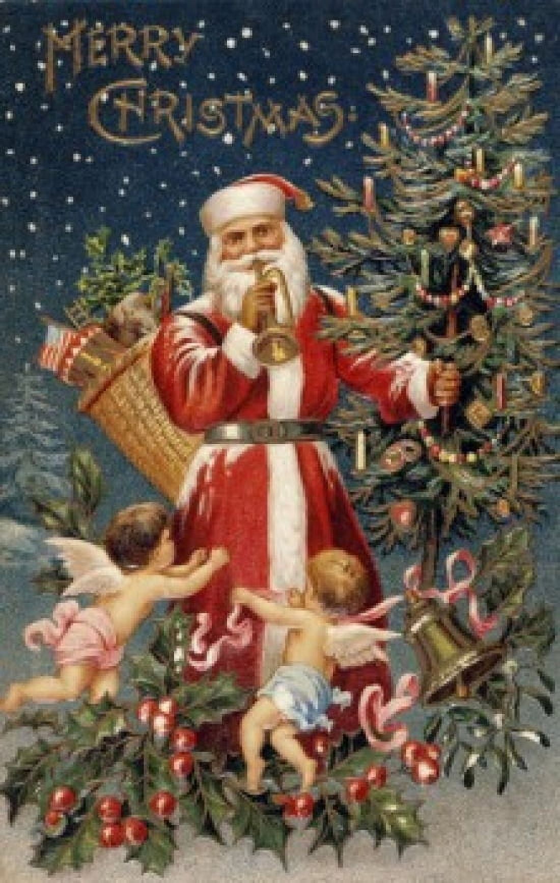 Merry Christmas Santa with Cherubs & Trumpet Nostalgia Cards Canvas Art - (18 x 24)