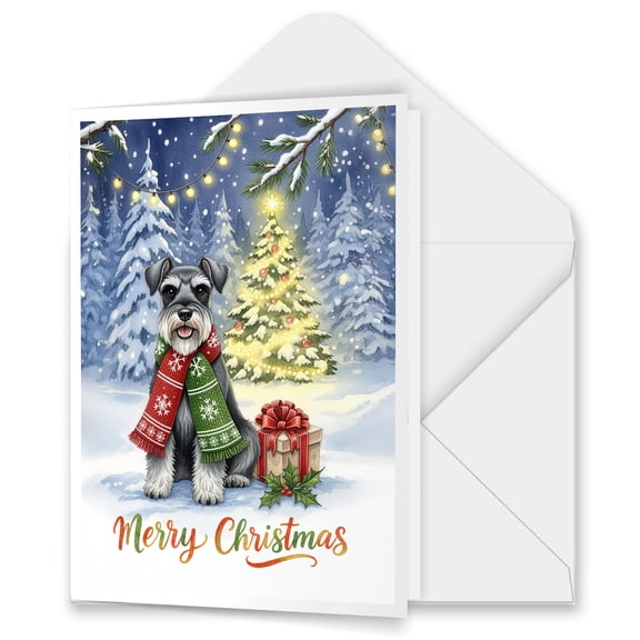 Merry Christmas Schnauzer Snowy Winter with Gifts Tree Decorations 5x7in Folded Greeting Card Miniature Schnauzer Dog Lover Single Note Card with Envelope - 12020