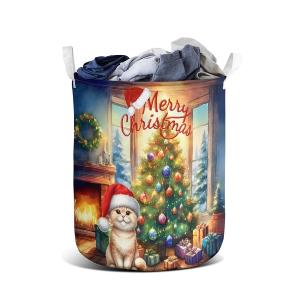 Merry Christmas Scottish Fold Santa Hat Xmas Tree Winter Holiday Foldable Laundry Basket Cat Lover Kitten Owner Gifts Organizer Storage with Handles - 01013