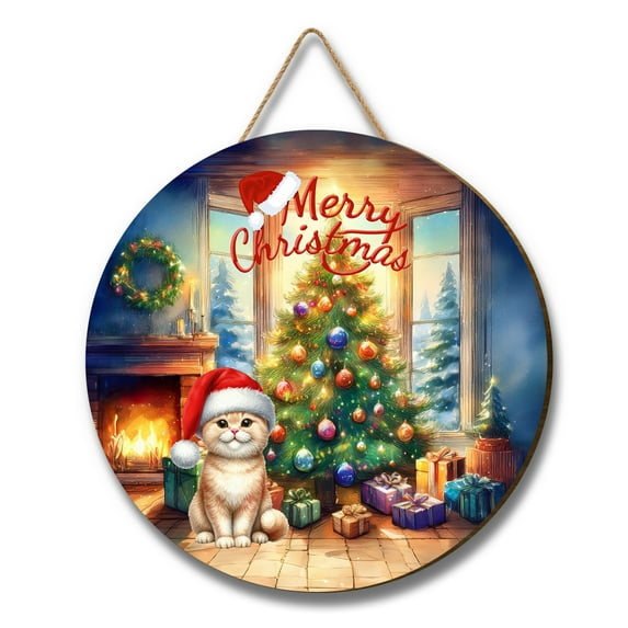 Merry Christmas Scottish Fold Santa Hat Xmas Tree Winter Holiday Round Wood Sign Cat Lover Kitten Owner Gifts Hanging Wall Home Decor - 01013
