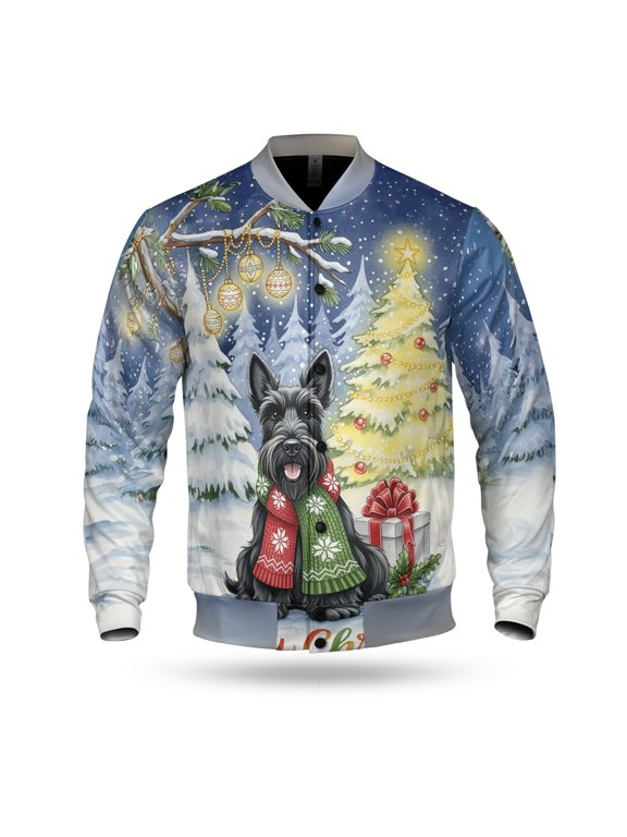 Merry Christmas Scottish Terrier Snowy Winter with Gifts Tree Decorations All Over Print 3D Baseball Jacket Scottie Dog Lover Gifts Bomber Jacket Softball - 12020