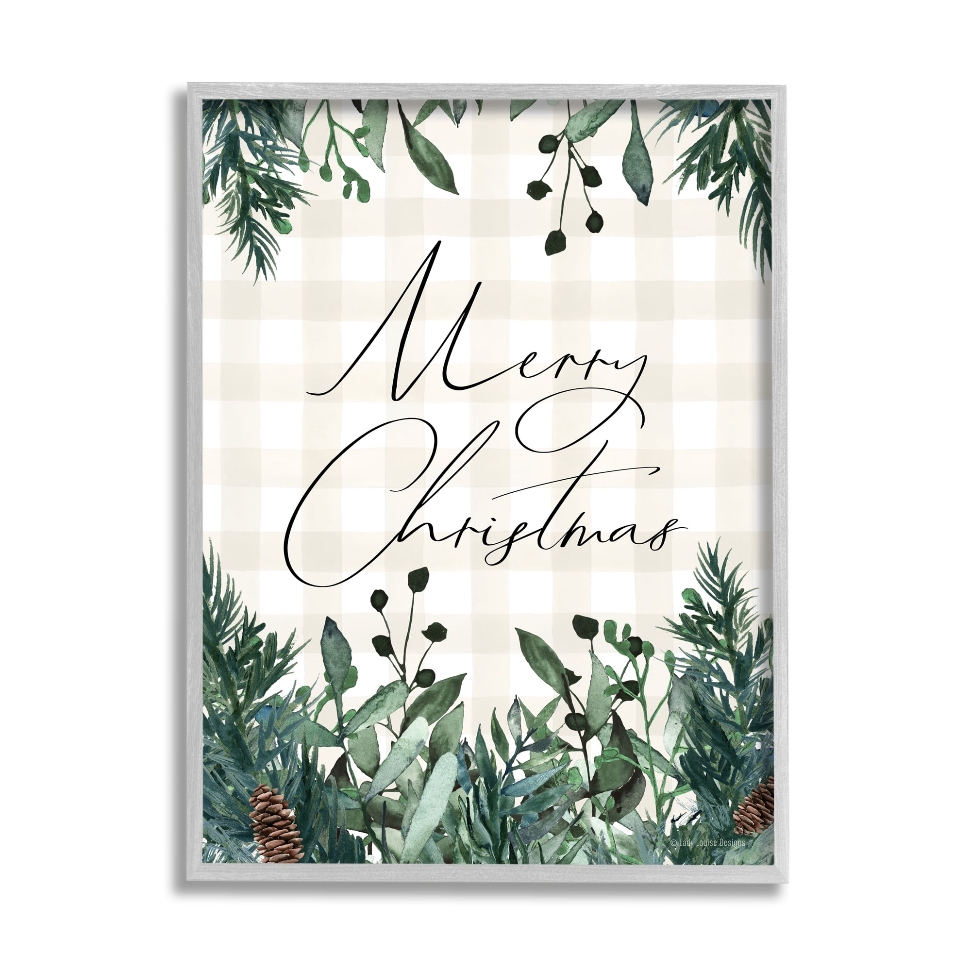Merry Christmas Script Gingham Pinecone Botanicals Border Botanical & Floral Graphic Art Framed Art Print Wall Art