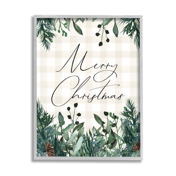Merry Christmas Script Gingham Pinecone Botanicals Border Botanical & Floral Graphic Art Framed Art Print Wall Art