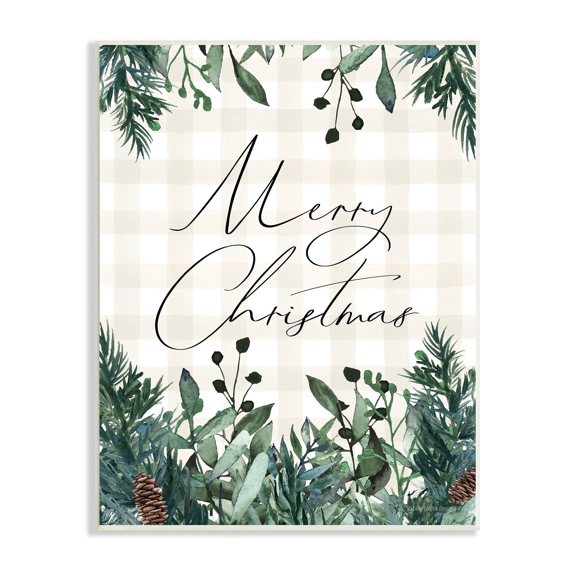 Merry Christmas Script Gingham Pinecone Botanicals Border Botanical & Floral Graphic Art Unframed Art Print Wall Art