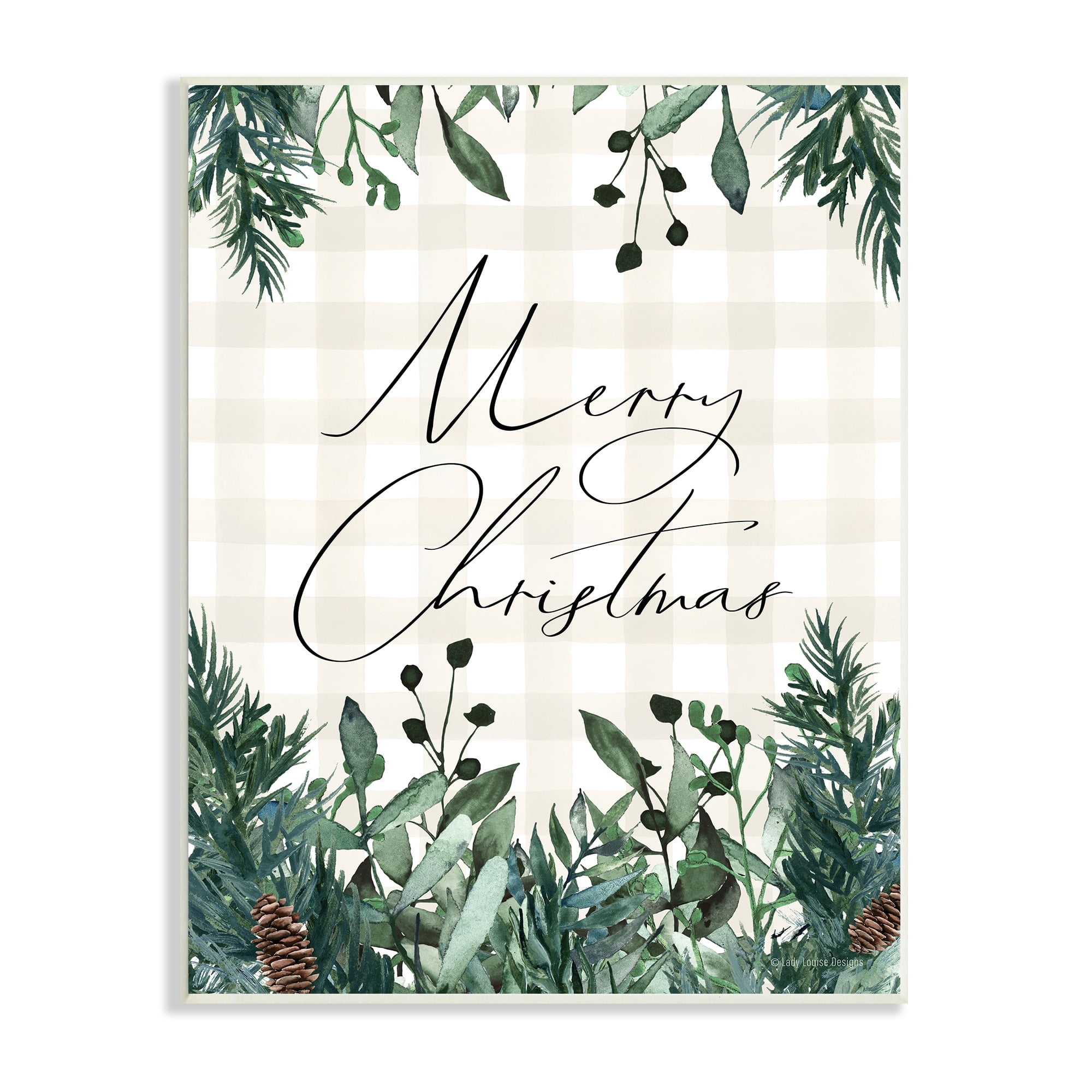Merry Christmas Script Gingham Pinecone Botanicals Border Botanical & Floral Graphic Art Unframed Art Print Wall Art