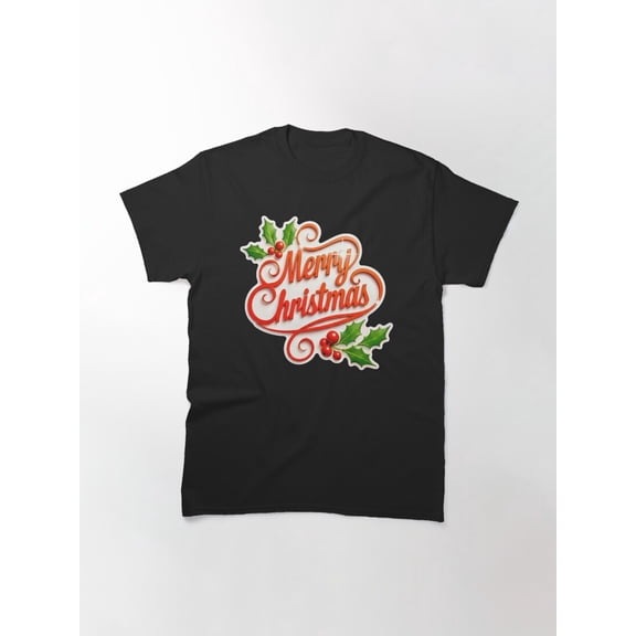 Merry Christmas Script Holly Sparkle Festive Holiday Apparel Unisex T-Shirt up to Size 5XL