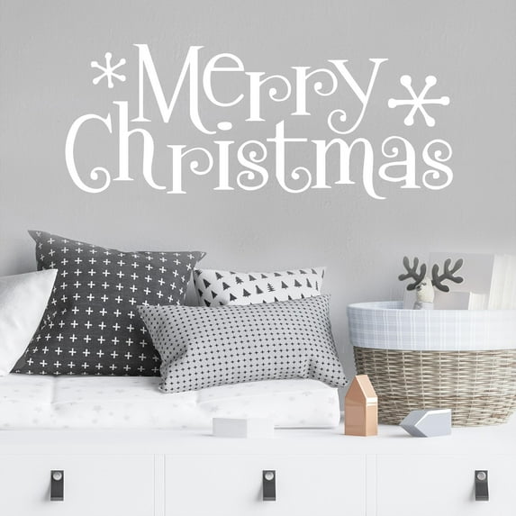 Merry Christmas Self Adhesive Decals Holiday Vinyl Lettering Wall Decal Sticker Snowflakes - Size: 12"H x 30"L - Color:  White