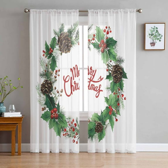 Merry Christmas Semi Sheer Curtains 84 Inch Length 2 Panels Set, Winter Xmas Holly Berries Plant Sheer Kitchen Curtain Privacy Voile Window Curtain for Living Room Bedroom Rod Pocket Drapes