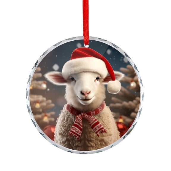 Merry Christmas Sheep in Santa Hat Red Bow Crystal Glass Ornament Hanging Ornaments for Holiday Decoration Funny Sheep Funny Gifts Round Ornament