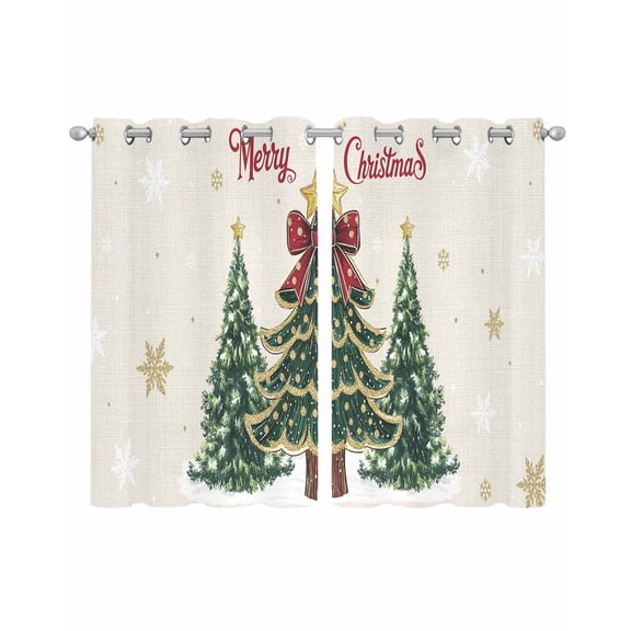 Merry Christmas Sheer Curtains 39 Inch Length 2 Panels Set for Living Room/Bedroom, Winter Pine Tree Gold White Snowflakes Kitchen Curtains Grommet Semi-Sheer Curtains Window Treatments 27.5"x39"x2