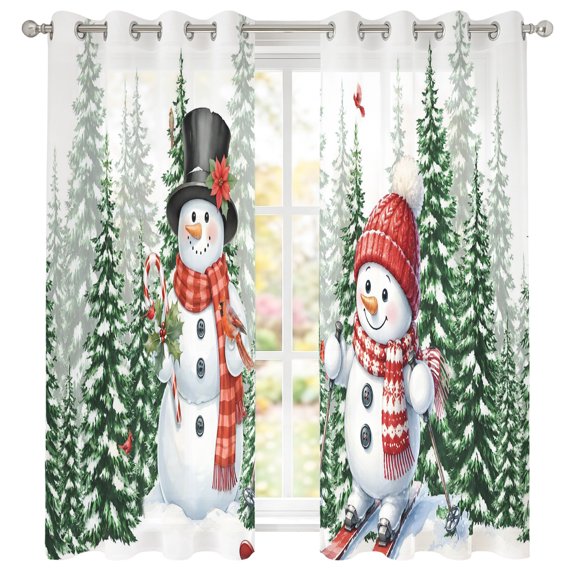 Merry Christmas Sheer Curtains 39 Inch Long 2 Panels, Winter Rustic Snowman Scarf Green Pine Tree Light Filtering Semi Sheer Drapes Grommet Voile Window Curtain for Living Bedroom W27.9 x L39