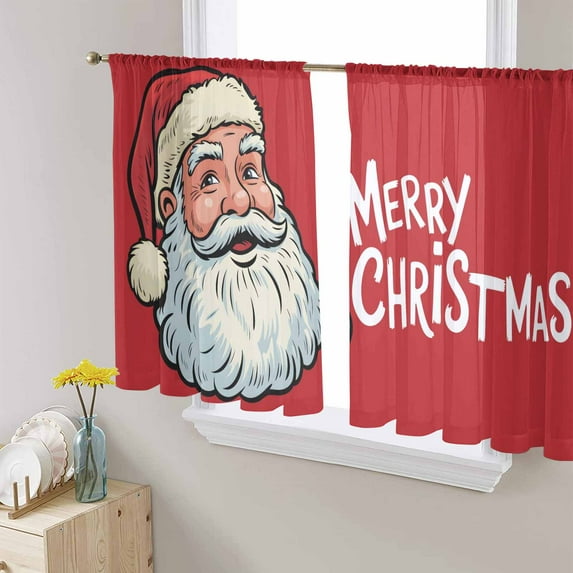 Merry Christmas Sheer Curtains 45 Inch Length 2 Panels Set, Semi Transparent Voile Rod Pocket Curtains for Living Dining Room Bedroom Drapes Jolly Santa Claus Vintage Red