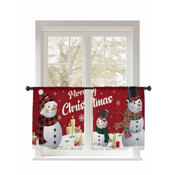Merry Christmas Sheer Curtains 45 Inch Long 2 Panels, Winter Snowman Candle Red Light Filtering Rod Pocket Semi Sheer Curtains, Sheer Voile Drapes for Living Room Bedroom, 52"x45"