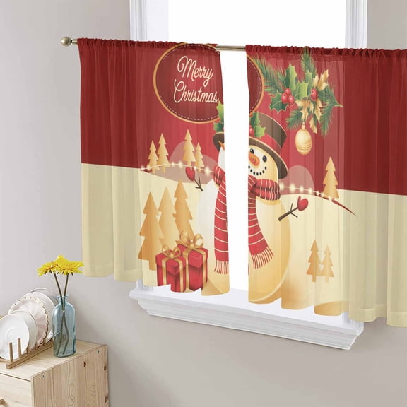 Merry Christmas Sheer Curtains 45 Inches Long, Winter Snowman Gold Pine Tree Berry Ball Light Filtering Window Curtains for Living Room, Rod Pocket Voile Sheer Curtain Drapes, 52"Wx45"L, 2 Panels