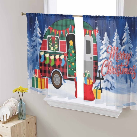 Merry Christmas Sheer Curtains 45 Inches Long, Xmas Tree Camper Van Winter Gifts Light Filtering Window Curtains for Living Room/Bedroom, Rod Pocket Voile Sheer Curtain Drapes, 52"W x 45"L, 2 Panels