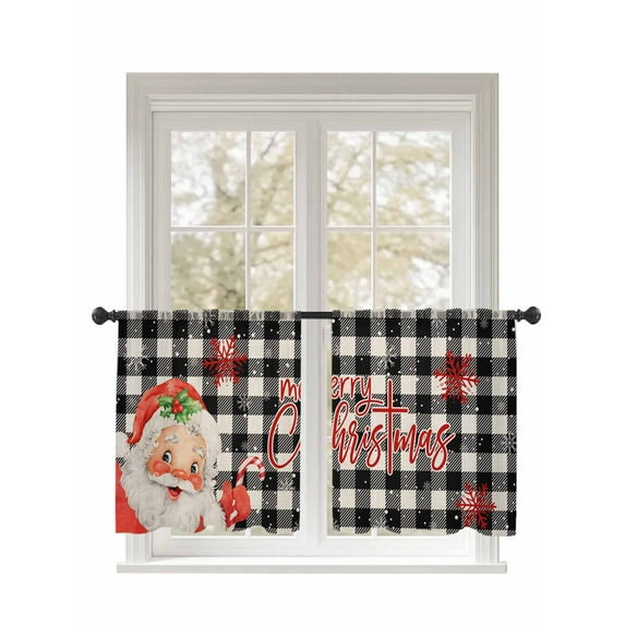 Merry Christmas Sheer Curtains 54 Inch Long 2 Panels, Red Santa Claus Winter Snowflake Black Plaid Light Filtering Rod Pocket Semi Sheer Curtains, Sheer Voile Drapes for Living Room Bedroom, 52"x54"