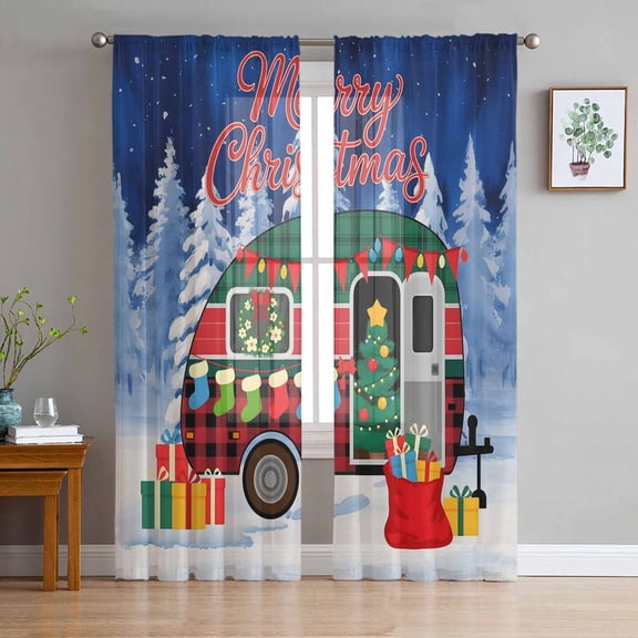 Merry Christmas Sheer Curtains 63 Inch Length 2 Panels Set, Semi Transparent Voile Rod Pocket Curtains for Living Dining Room Bedroom Drapes Xmas Tree Camper Van Winter Gifts