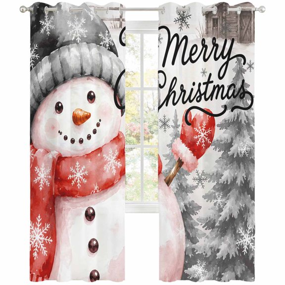 Merry Christmas Sheer Curtains 63 Inch Long 2 Panels, Winter Rustic Snowman Red Scarf Snowy Pine Tree Light Filtering Semi Sheer Drapes Grommet Voile Window Curtain for Living Bedroom W42 x L63